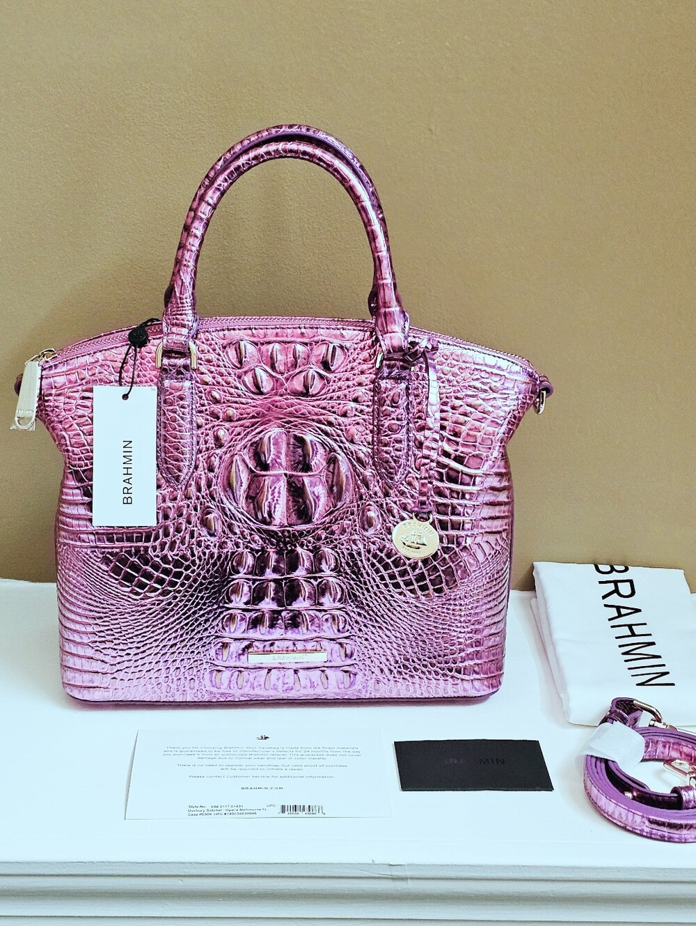 Brahmin Metallic Pink Croc-Embossed Top-Handle Crossbody